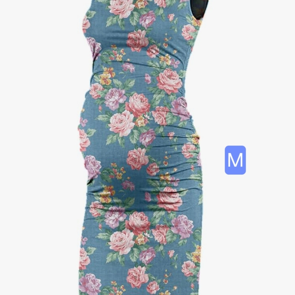 Maternity Floral Sleeveless Dress - Blue and Pink [M]